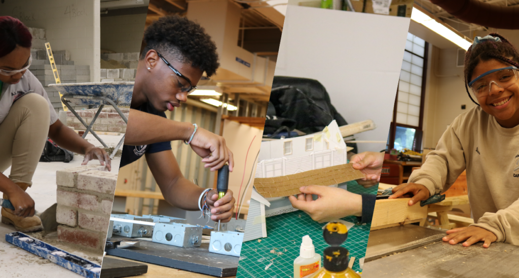 Students in the Architecture trades, one student laying brick, another wiring an electric box, another modeling their architecture project, another cutting a piece of wood.