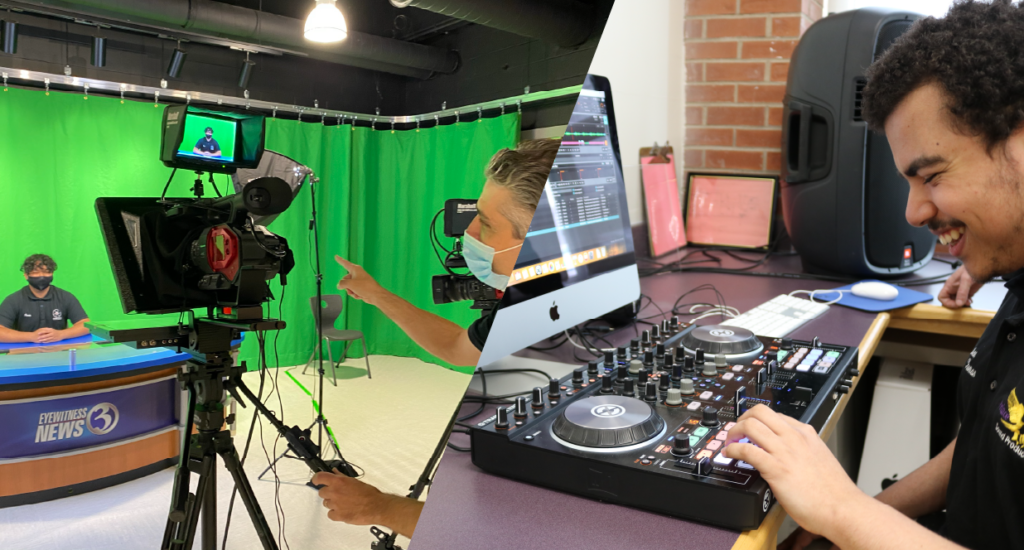 Students in the Arts, Audio/Visual and Communications trades; an instructor directs a student behind the camera in the studio, another student smiles as he toys with audio equipment
