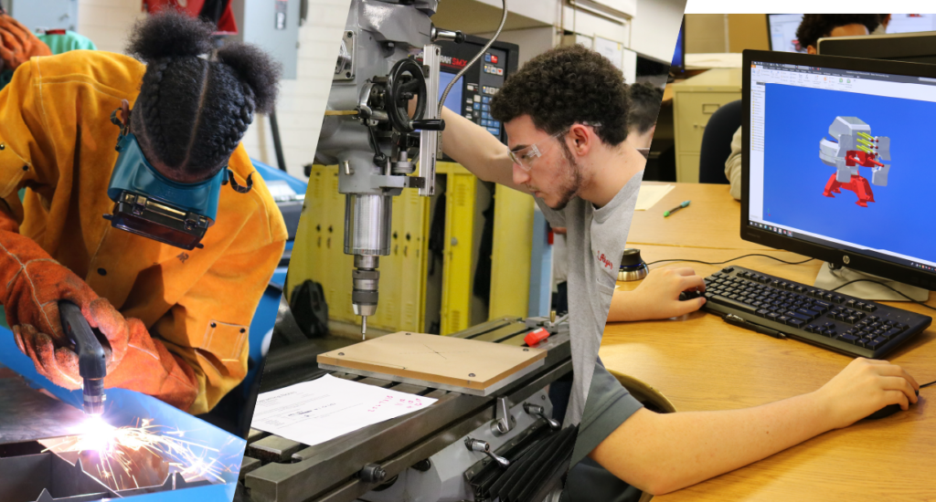 Students in the Manufacturing trades, one welding a piece of metal, another drilling a hole with a precision machining machine, another designing on their computer