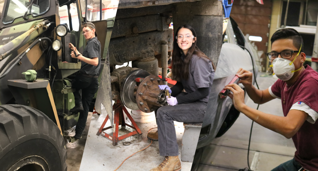 Students in the Transportation trades, on a student enters a piece of diesel equipment, another works on a wheel well, another works on the body of a car