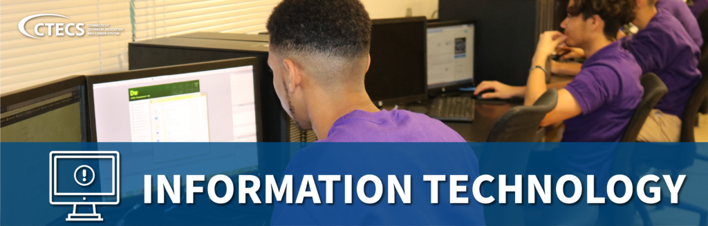 Information Technology banner image of students on a computer in the Information Technology program. Says "Information Technology"