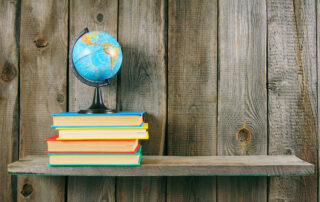 The globe and multi-coloured books on a wooden shelf. On a wooden background.
