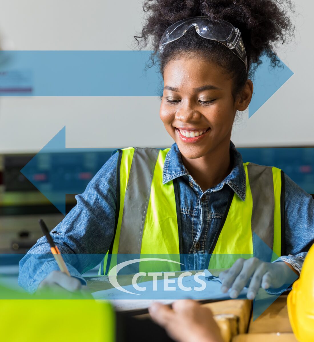 Female student apprentice in reflective vest signs paperwork.